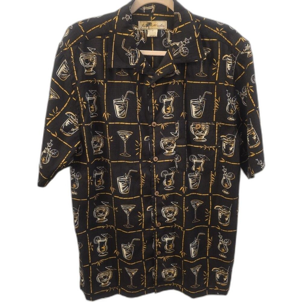JOE‎ MARLIN Men's M Trader Sam's Black Hawaiian Camp Shirt Kitschy Resortwear